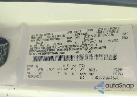 2012 Ford E-250 Commercial z USA, uszkodzony, nr VIN 1FTNE2EW8CDA63859